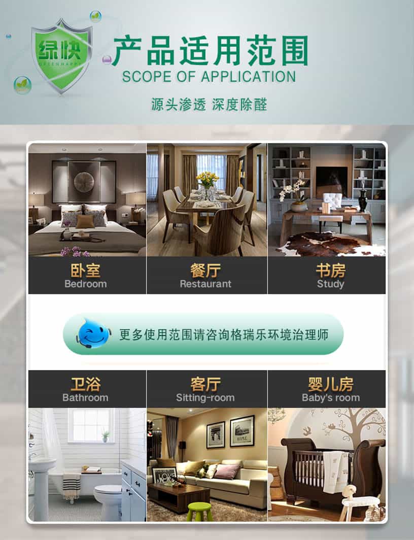 產(chǎn)品適用范圍，SCOPE OF APPLICATION,源頭滲透，深度除醛，臥室，Bedroom,餐廳，Restarant,書房，Study，衛(wèi)浴，Bathroom,客廳，Siting-room,嬰兒房，Baby' room,更多使用范圍請咨詢格瑞樂環(huán)境治理師