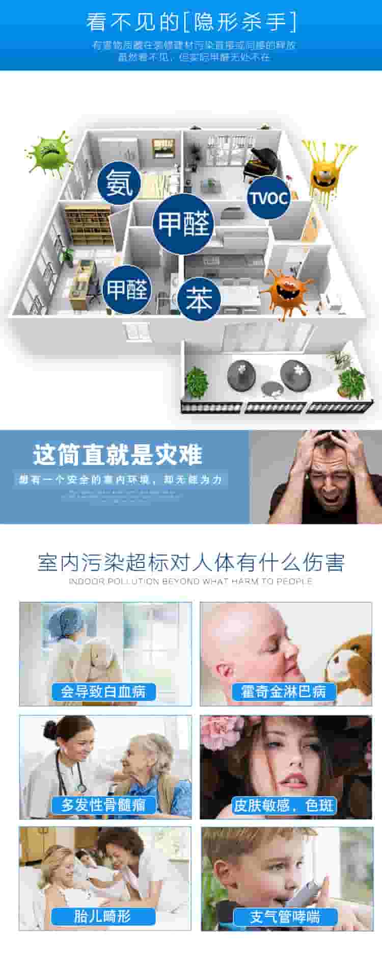 看不見的[隱形殺手]有害物質(zhì)在裝修建材污染直接或間接的釋放，雖然看不見，但實(shí)際甲醛無處不在，氨，甲醛，苯，TVOC，這簡(jiǎn)直是災(zāi)難，想有一個(gè)安全的室內(nèi)環(huán)境，卻無能為力，室內(nèi)污染超標(biāo)對(duì)人體有什么傷害，會(huì)導(dǎo)致白血病，霍奇金淋巴病，多發(fā)性骨髓瘤，皮膚敏感，色斑，胎兒畸形，支氣管哮喘