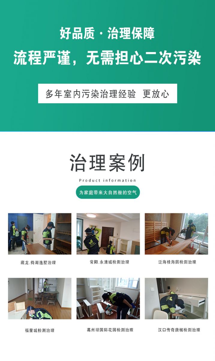 作用原理  好品質(zhì)·質(zhì)量保障 流程嚴(yán)謹(jǐn) 無需擔(dān)心二次污染 多年室內(nèi)污染治理經(jīng)驗(yàn) 更放心  治理案例：為家庭帶來大自然般的空氣,藏龍·倚湖逸墅治理 常陽·永清城檢測(cè)治理 泛海桂海園檢測(cè)治理  福星城檢測(cè)治理 葛洲壩國(guó)際花園檢測(cè)治理 漢口傳奇唐越檢測(cè)治理