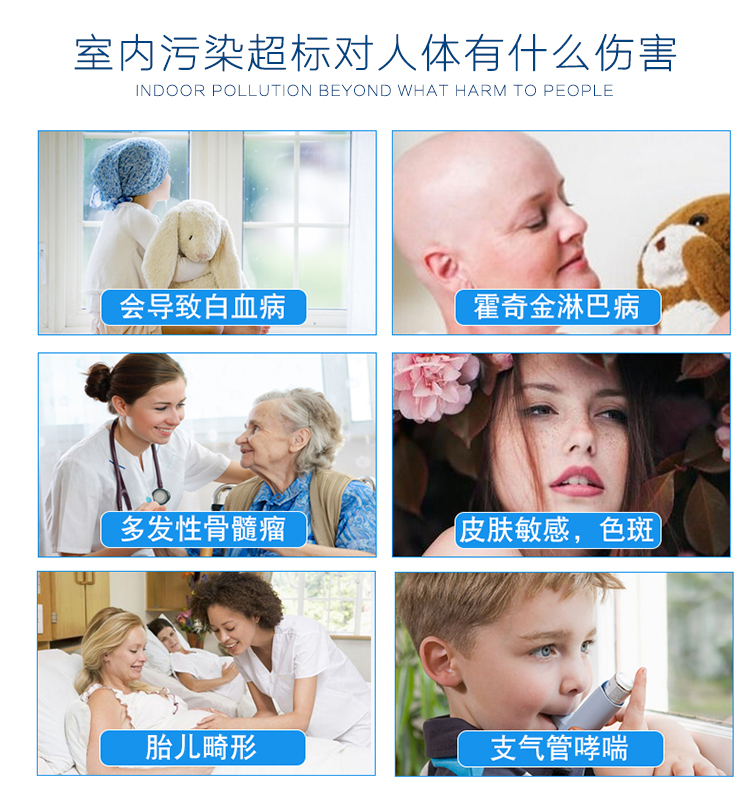 看不見的隱形殺手 和有害物質(zhì)藏在建材污染直接或間接的釋放 雖然看不見 但實際甲醛無處不在 這簡直就是災(zāi)難，想有一個安全的室內(nèi)環(huán)境，卻無能為力  室內(nèi)污染超標對人體有什么危害  會導(dǎo)致白血病 霍奇金淋巴病 多發(fā)性骨髓瘤 皮膚敏感，色斑 胎兒畸形 支氣管哮喘