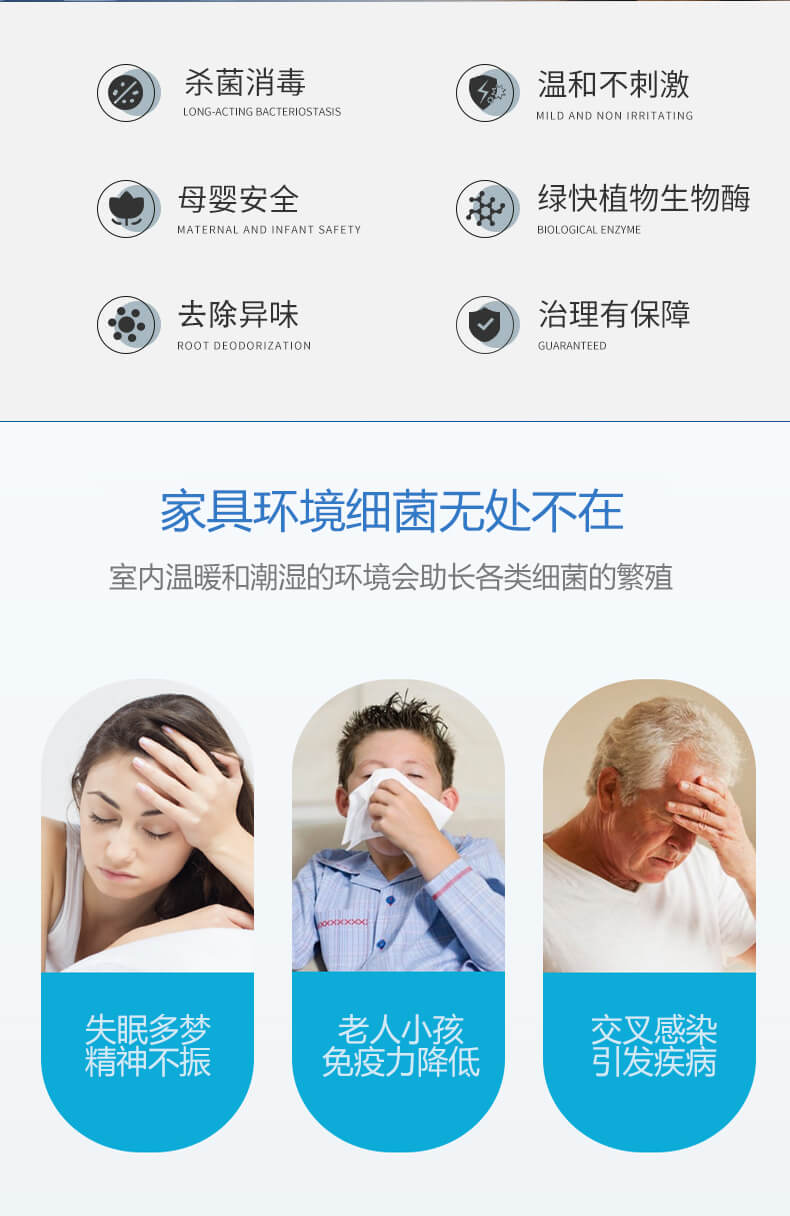 殺菌消毒，溫和不刺激，母嬰安全，綠快植物生物酶，祛除異味，治理有保障，家具環(huán)境細(xì)菌無(wú)處不在，室內(nèi)溫暖和潮濕的環(huán)境會(huì)助長(zhǎng)各類細(xì)菌的繁殖，失眠多夢(mèng)，精神不振，老人小孩免疫力降低，交叉感染，引發(fā)疾病