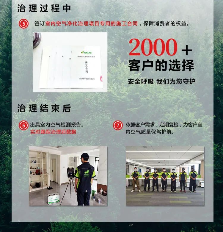 治理過程中,簽訂室內(nèi)空氣凈化治理項目專用的施工合同，保障消費(fèi)者的權(quán)益,治理結(jié)束后,出具室內(nèi)空氣檢測報告實(shí)時跟蹤治理后數(shù)據(jù),依據(jù)客戶需求，定期復(fù)檢，為客戶室內(nèi)空氣質(zhì)量保駕護(hù)航