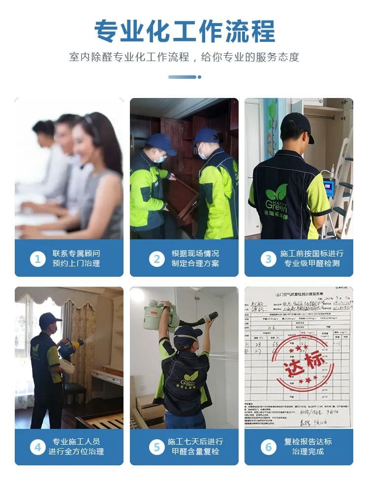 專業(yè)化工作流程,室內(nèi)除醛專業(yè)化工作流程,給你專業(yè)的服務(wù)態(tài)度,聯(lián)系專屬顧問預(yù)約上門治理,根據(jù)現(xiàn)場(chǎng)情況制定合理方案, 施工前按國(guó)標(biāo)進(jìn)行專業(yè)級(jí)甲醛檢測(cè),專業(yè)施工人員進(jìn)行全方位治理,施工七天后進(jìn)行甲醛含量復(fù)檢,復(fù)檢報(bào)告達(dá)標(biāo)治理完成